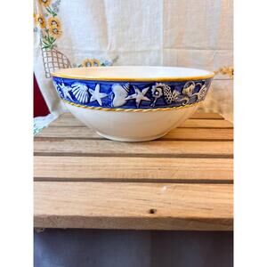 Hand Painted Beach Ceramic Serving Bowl Made in Portugal~Blue/White ~3D Design
